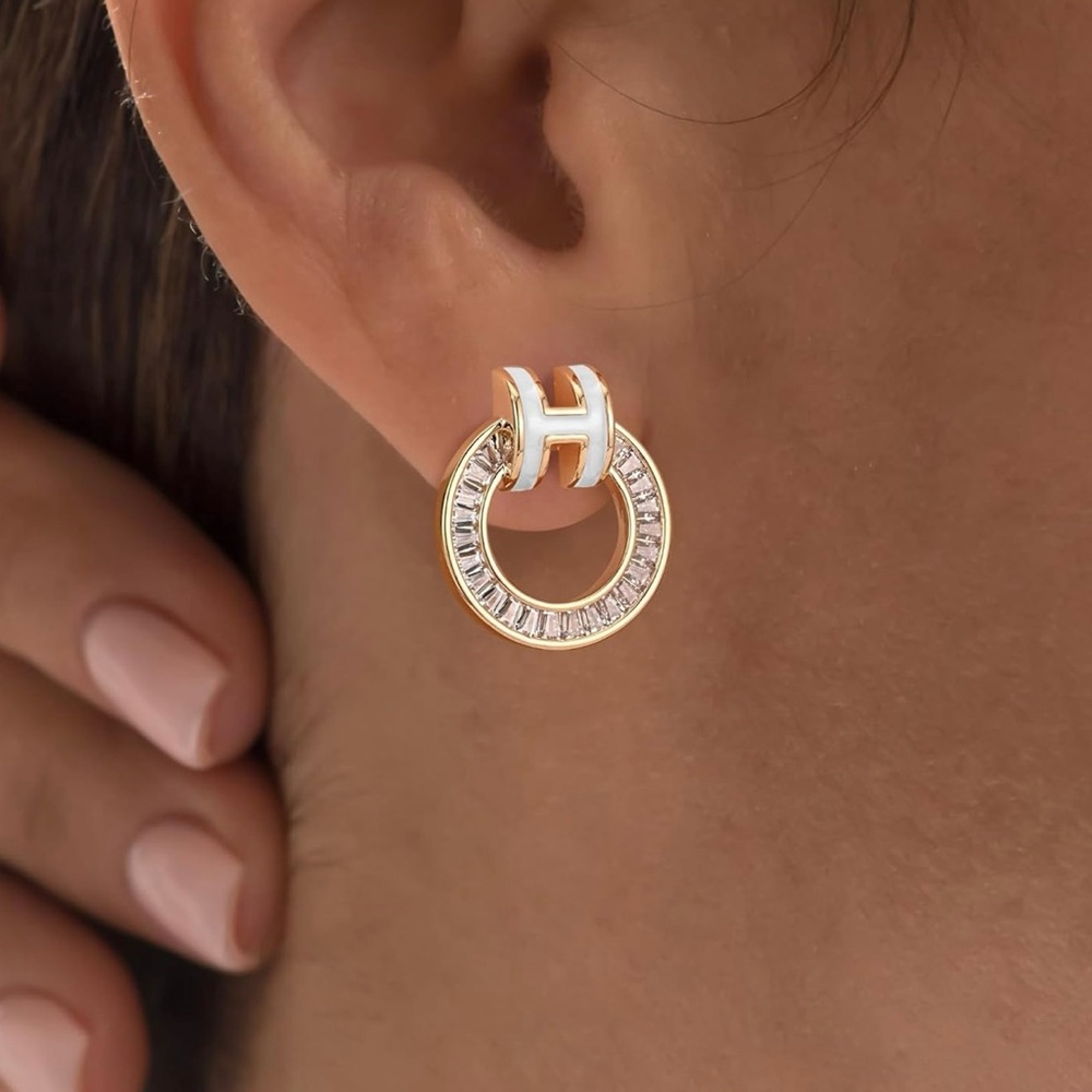 NEW Gold Stud Earrings 14K Gold Earrings Enamel Earrings H Stud Earrings